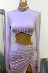Long Sleeves Small Round Collar Prom Dress Mini Purple Beaded Long Chiffon